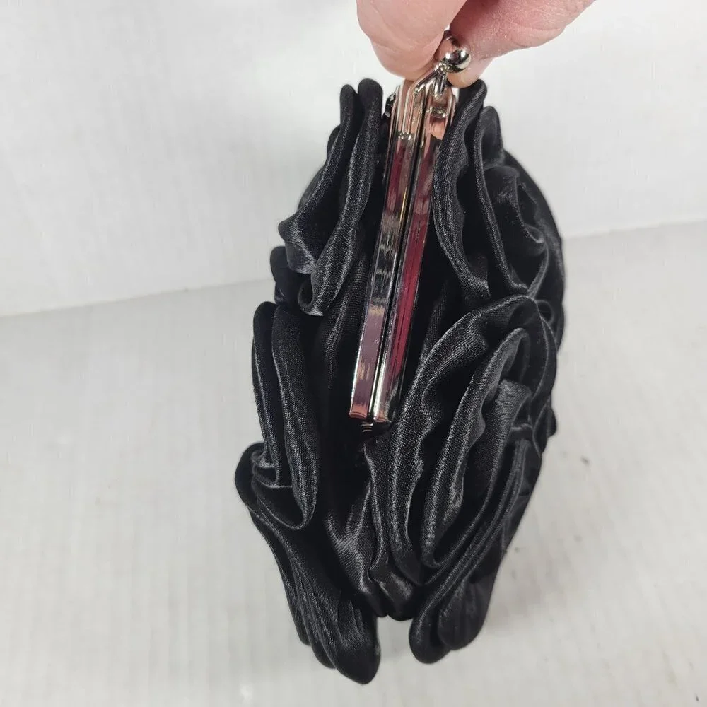 Black Satin Rose Classic Elegant Rhinestone Silver Handle Triangle Clutch Purse